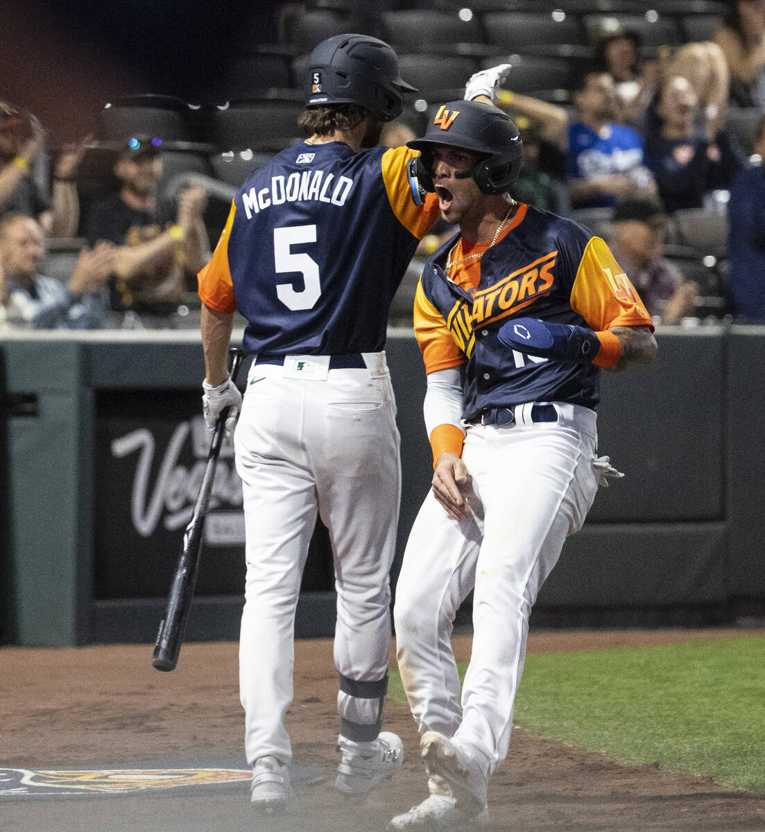 In this April 5, file photo, Las Vegas Aviators outfielder Luis Barrera (13) celebrates after s ...
