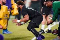 LSU guard Ed Ingram runs through drills during LSU Pro Day in Baton Rouge, La., Wednesday, Apri ...