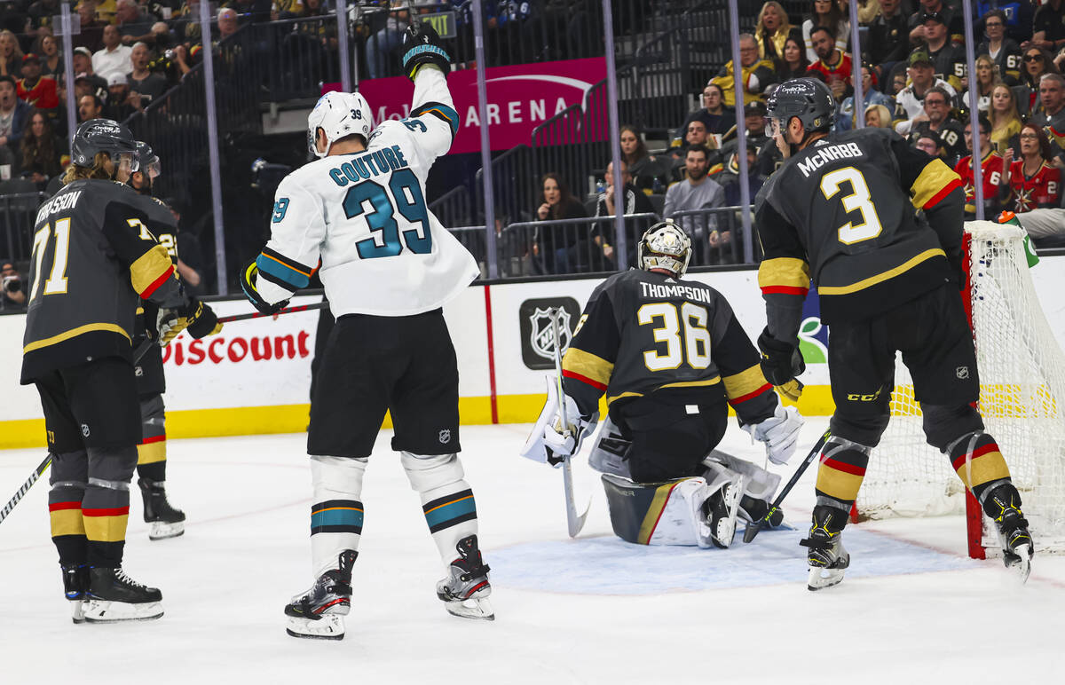 San Jose Sharks center Logan Couture (39) celebrates a goal by a teammate against the Golden Kn ...