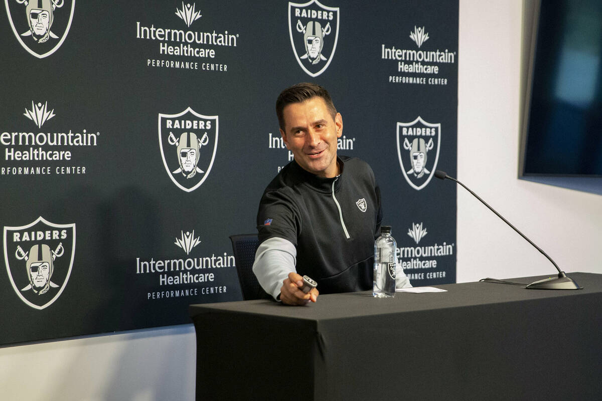 Raiders general manager Dave Ziegler jokes with media during a news conference on Wednesday, Ap ...