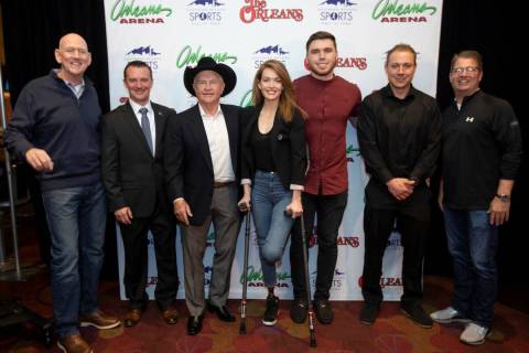 The Southern Nevada Sports Hall of Fame class of 2020 and SNSHF administration poses for a port ...
