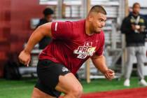 Defensive lineman Daniel Fa'alele runs drills at Minnesota football Pro Day Wednesday, March 16 ...