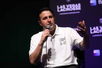 Mark Fine speaks to the crowd in June 2021 at Mandalay Bay in Las Vegas. (Rachel Aston/Las Vega ...