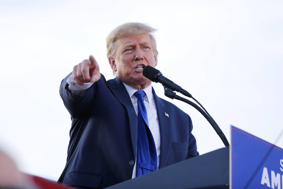 Former President Donald Trump speaks at a rally at the Delaware County Fairgrounds, Saturday, A ...