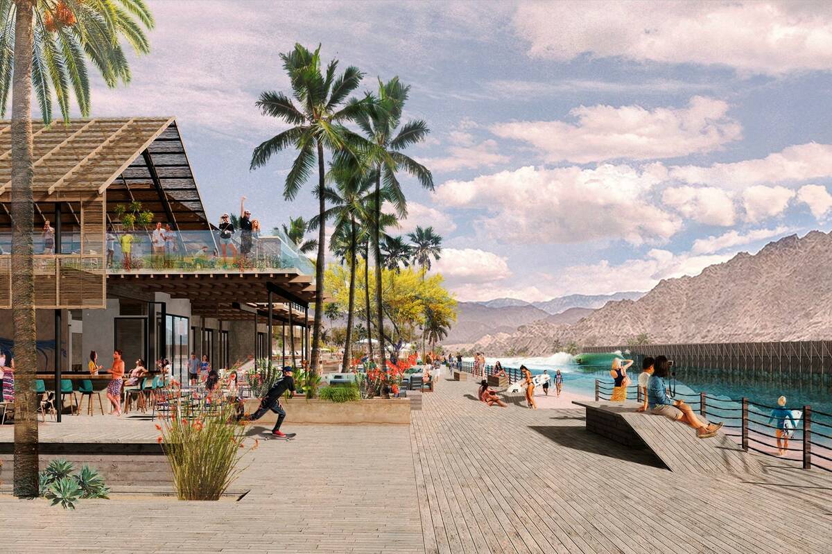 A rendering of a proposed Coral Mountain Resort with a large human-made surf lagoons that is pr ...