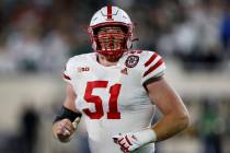 Nebraska's Cam Jurgens plays during an NCAA football game on Saturday, Sept. 25, 2021, in East ...