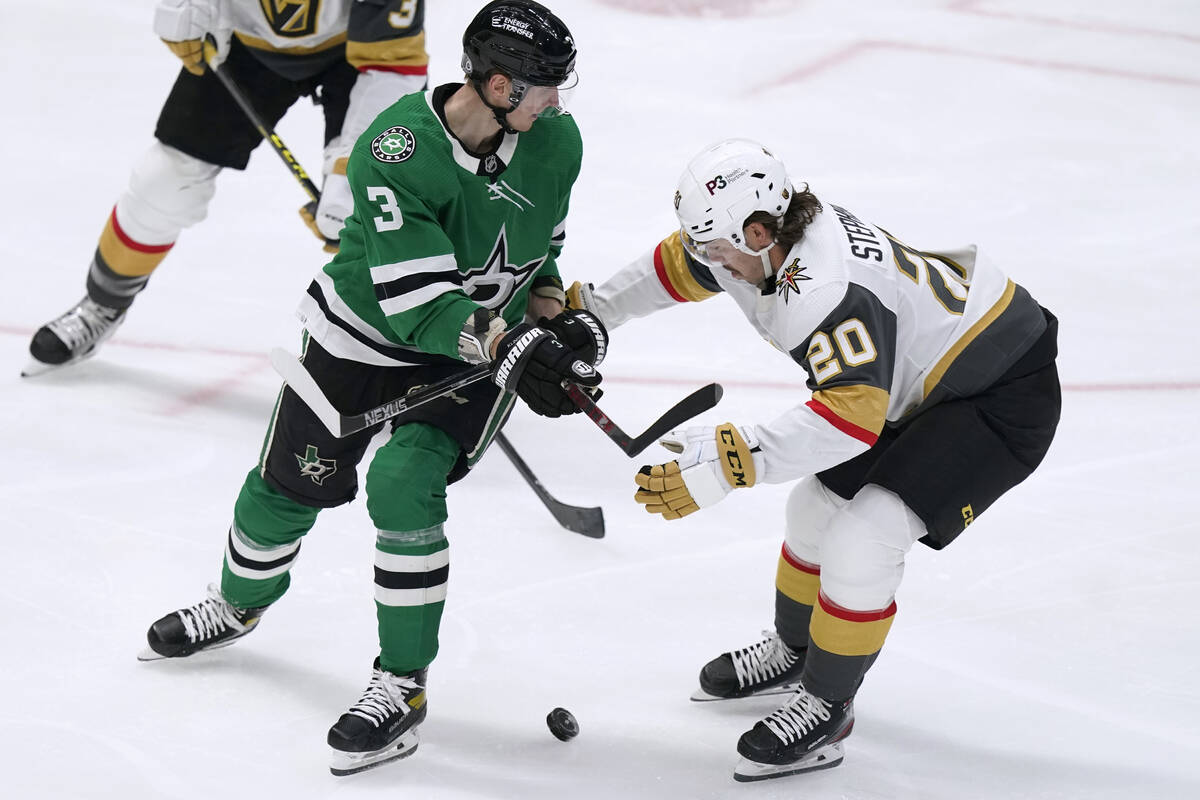 Dallas Stars defenseman John Klingberg (3) and Vegas Golden Knights center Chandler Stephenson ...