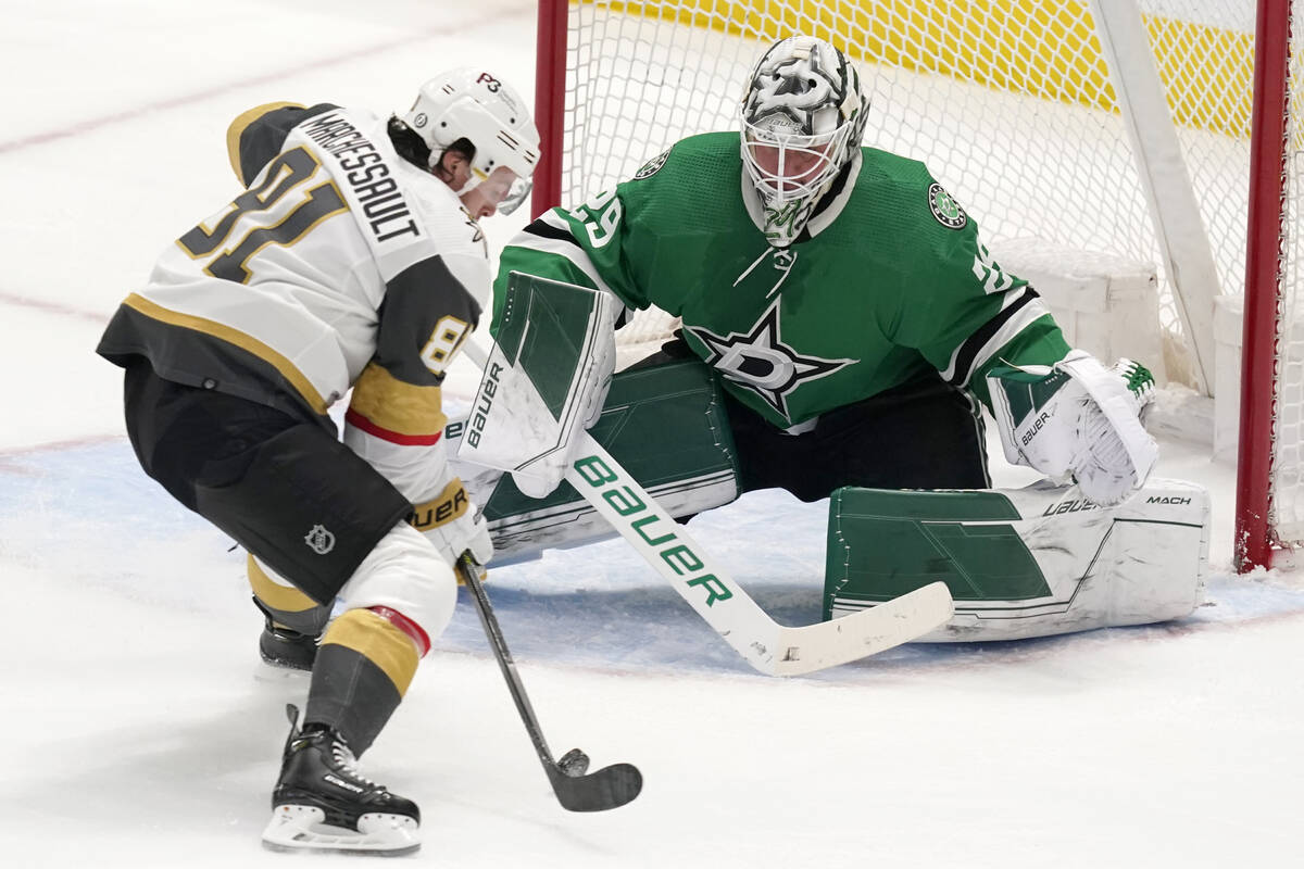 Vegas Golden Knights center Jonathan Marchessault (81) attacks the goal against Dallas Stars go ...