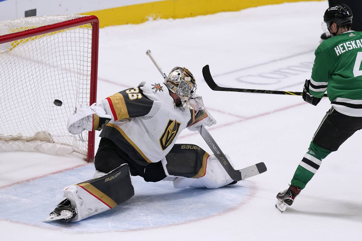 Dallas Stars defenseman Miro Heiskanen (4) scores a shootout goal against Vegas Golden Knights ...