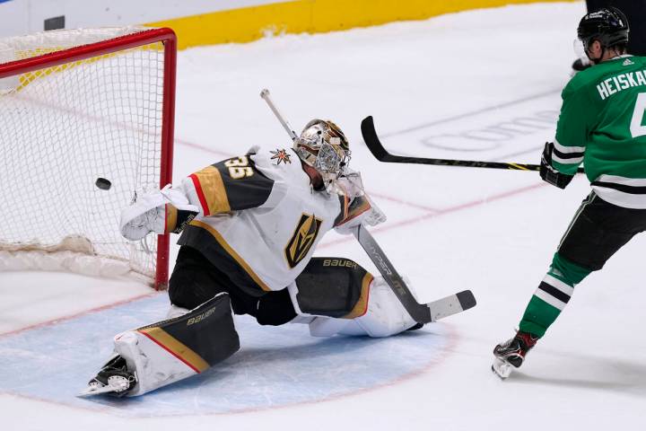 Dallas Stars defenseman Miro Heiskanen (4) scores a shootout goal against Vegas Golden Knights ...