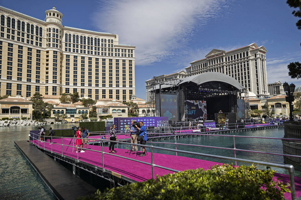 The NFL Draft Red Carpet Stage at the Bellagio Fountains on Tuesday, April 26, 2022, in Las Veg ...