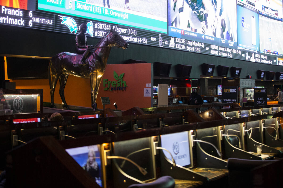 The Westgate sportsbook in Las Vegas, on Thursday, Feb. 25, 2021. (Erik Verduzco / Las Vegas Re ...