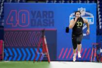 Louisiana-Lafayette offensive lineman Max Mitchell runs the 40-yard dash at the NFL football sc ...