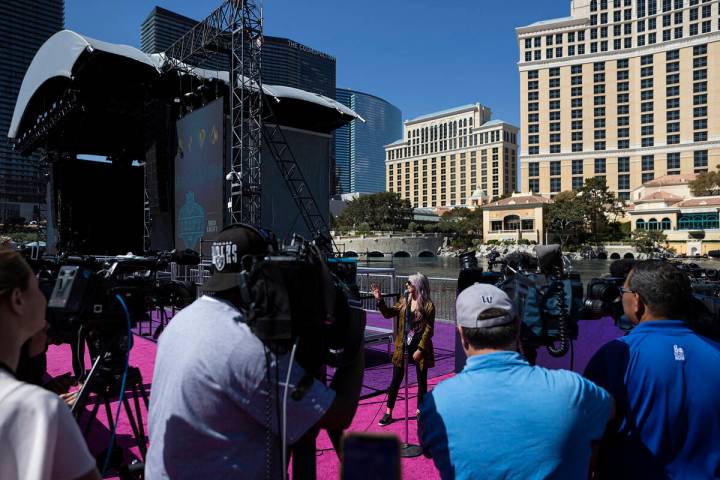 Kelsey Pietrangelo, NFL manager of live event operations, speaks to the media at the NFL Draft ...