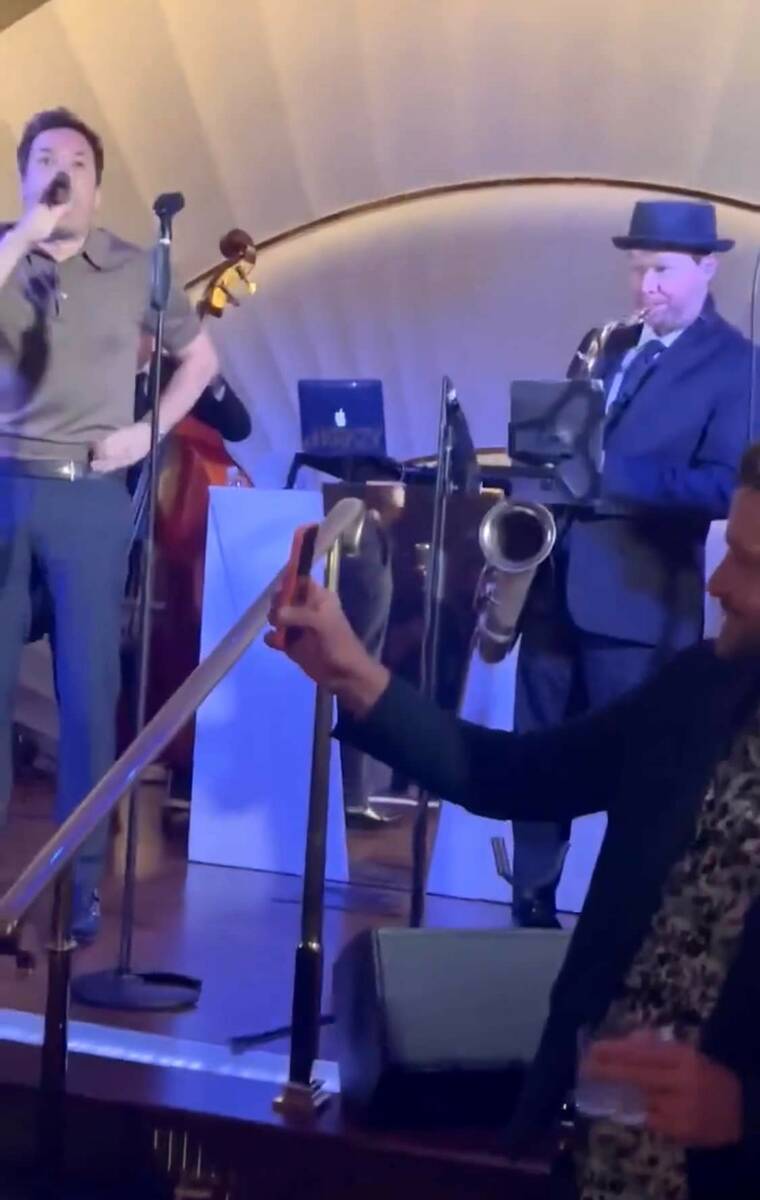 Jimmy Fallon sings with sax man Rob Stone at his side at Delilah at Wynn Las Vegas on Saturday, ...