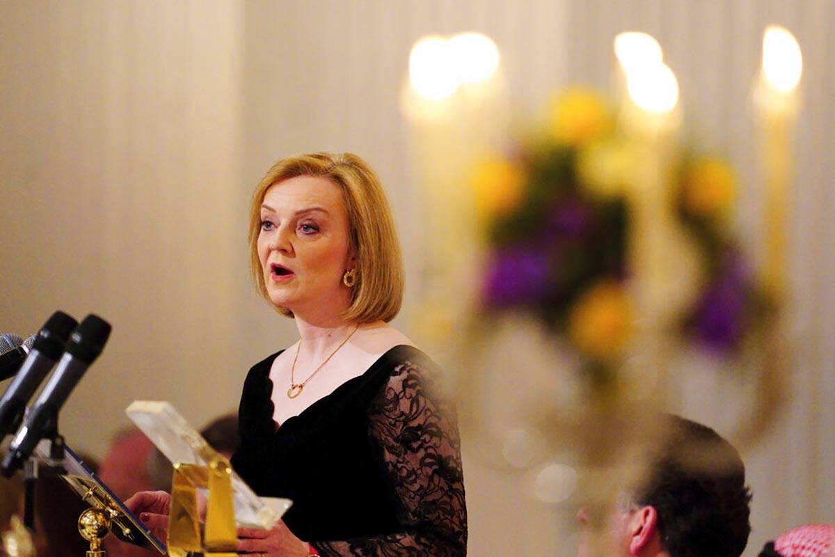 Britain's Foreign Secretary Liz Truss speaks at the Easter Banquet at Mansion House in the City ...