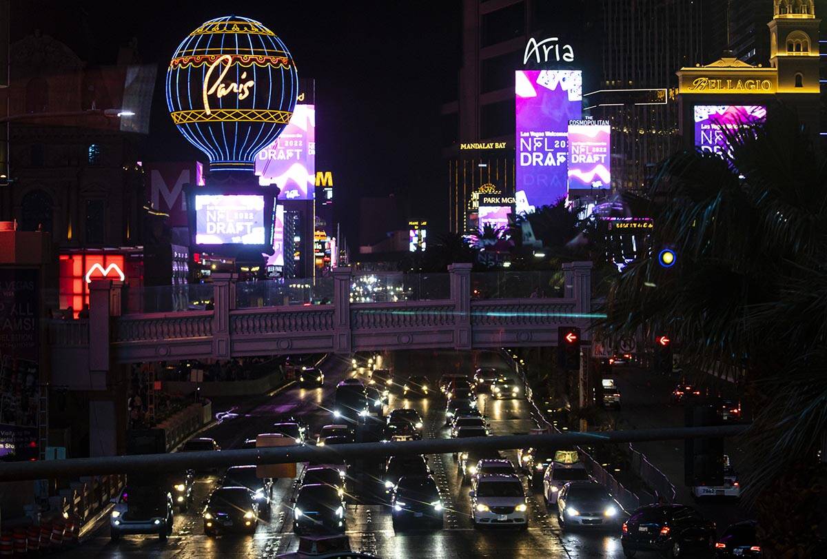 Marquees showcase the NFL draft along the Las Vegas Strip on Wednesday, April 27, 2022, in Las ...