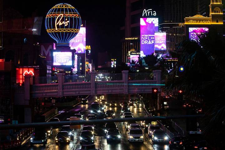 Marquees showcase the NFL draft along the Las Vegas Strip on Wednesday, April 27, 2022, in Las ...