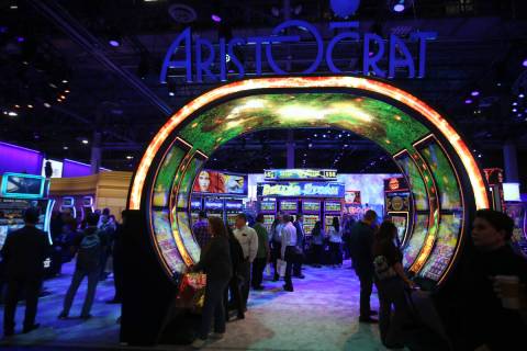 This Oct. 16, 2019, file photo shows the Aristocrat Technologies Inc. booth at the 2019 Global ...