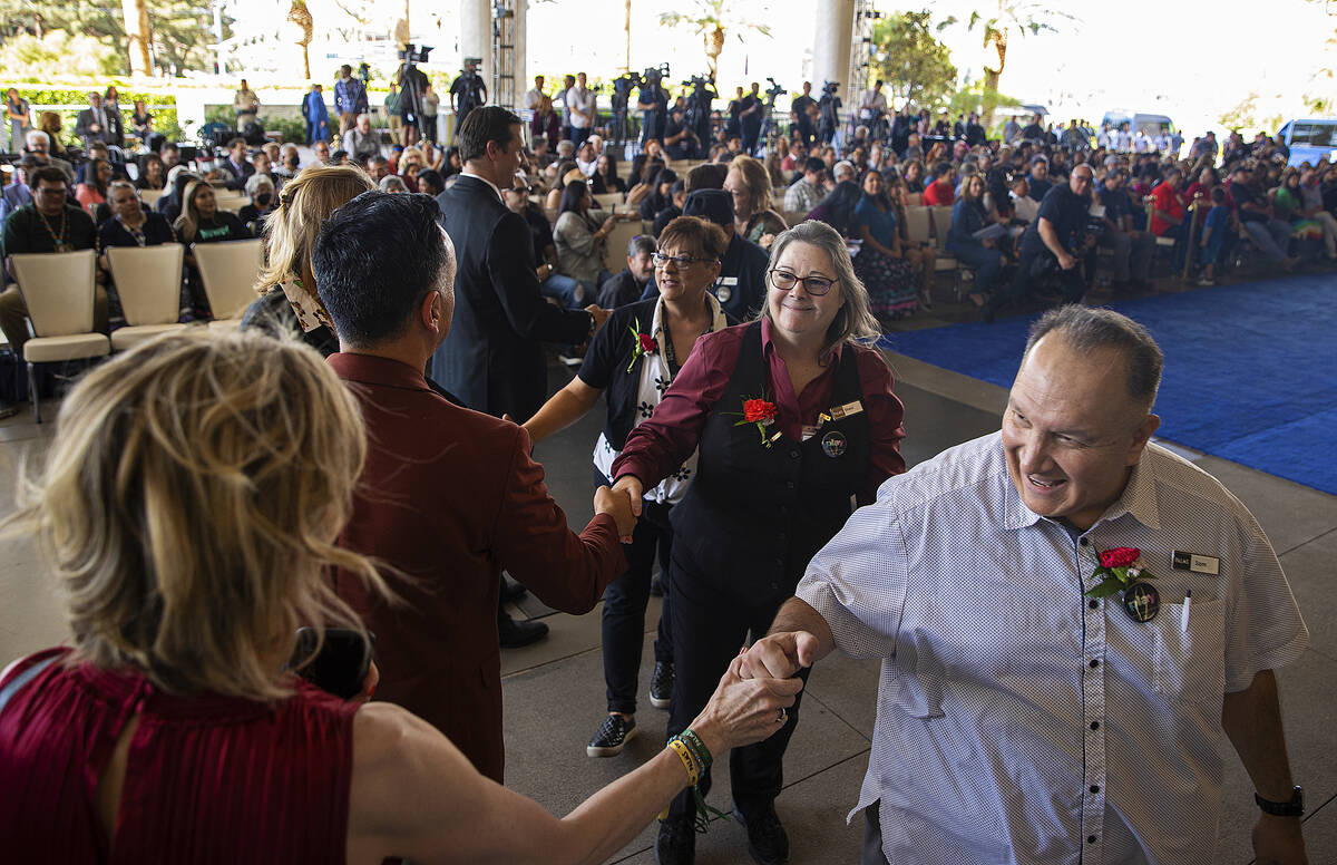 Employees that have worked at the Palms since its original opening in 2001 are greeted during t ...