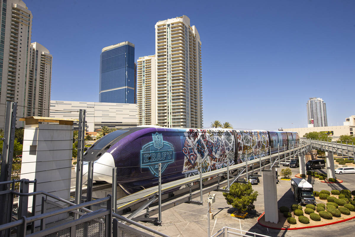 The Las Vegas Monorail arrives at the Westgate station during the first day of the NFL draft on ...