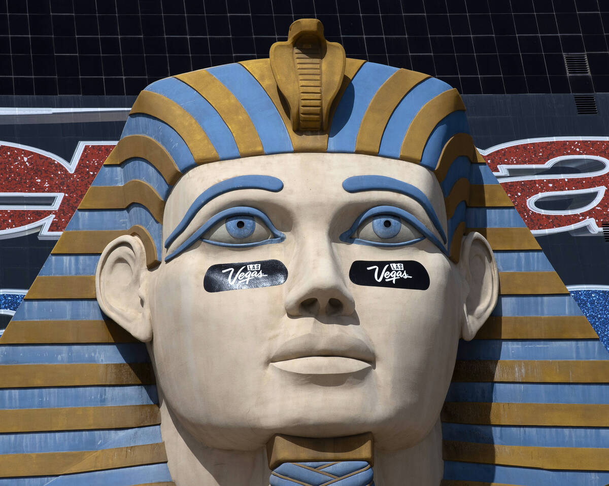 Football eye black stickers are placed on iconic landmark, the Sphinx at Luxor Hotel and Casino ...