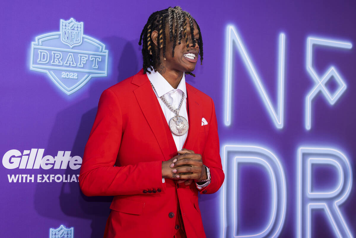 Alabama wide receiver Jameson Williams at the NFL Red Carpet Stage on Thursday, April 28, 2022, ...