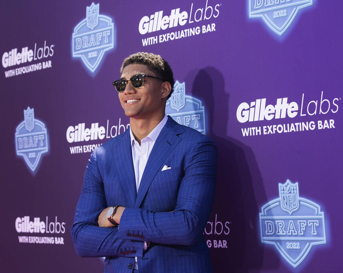 Notre Dame safety Kyle Hamilton at the NFL Red Carpet Stage on Thursday, April 28, 2022, at the ...