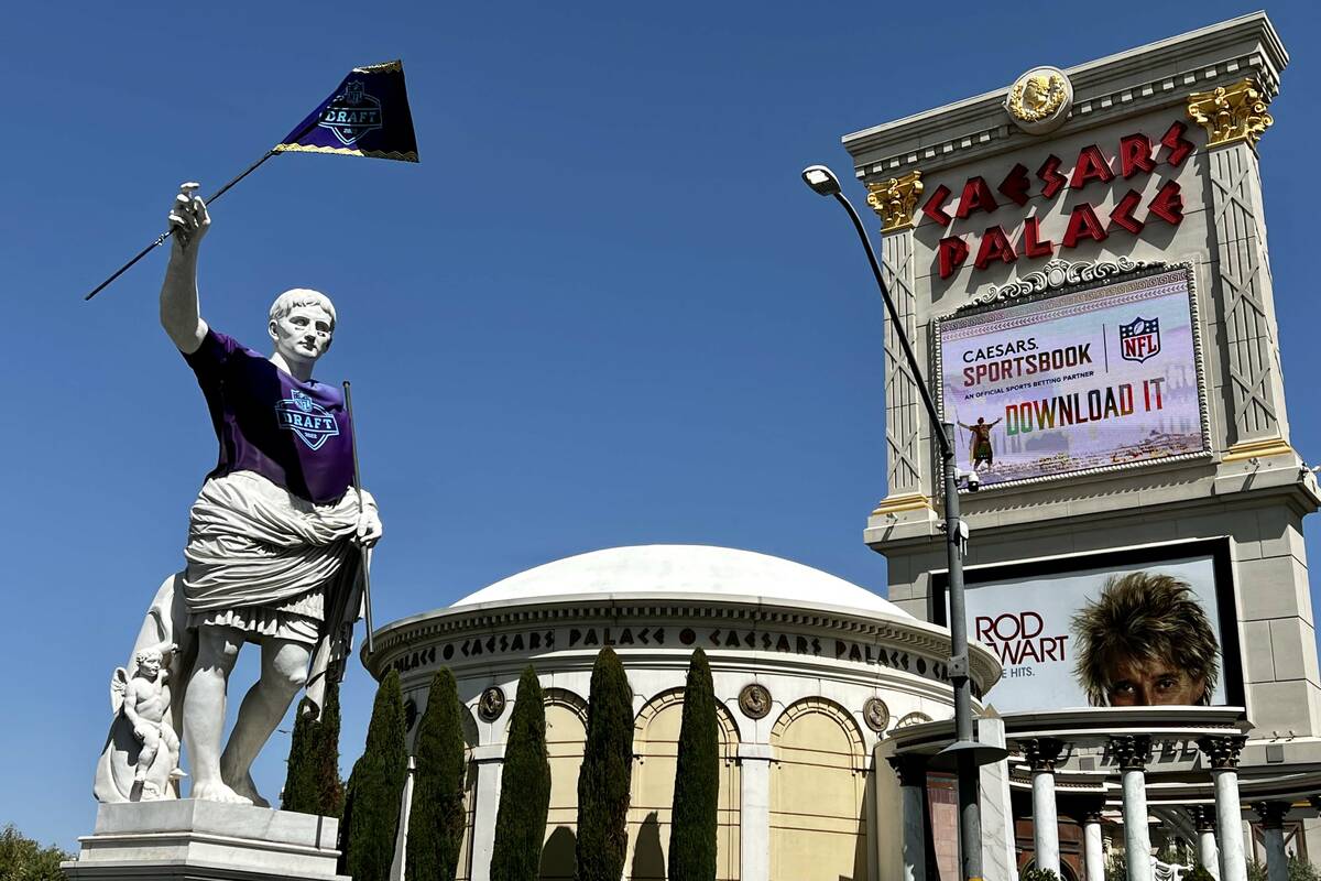 Caesar decked out in a draft shirt at the casino entrance on Thursday, April 28, 2022, in Las V ...