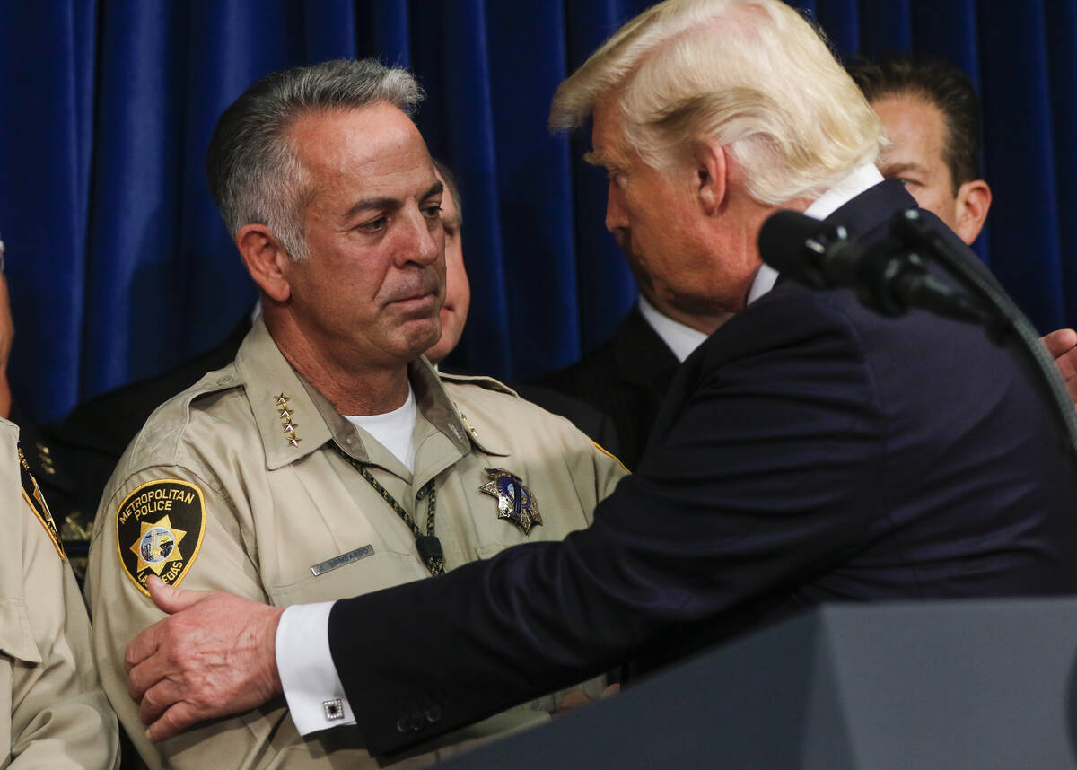 Clark County Sheriff Joe Lombardo, left, and President Donald Trump at Metropolitan Police Depa ...