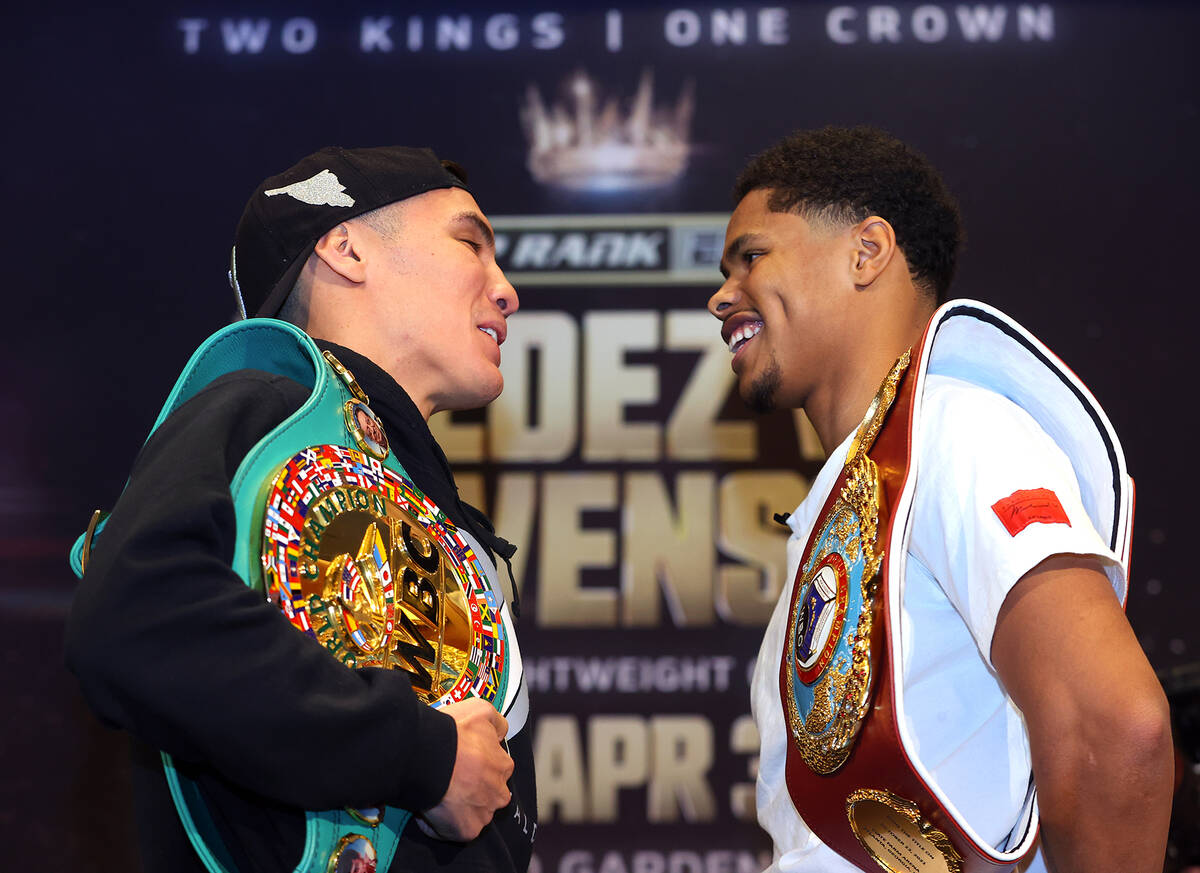Oscar Valdez (left) and Shakur Stevenson (right) face-off during the press conference prior to ...
