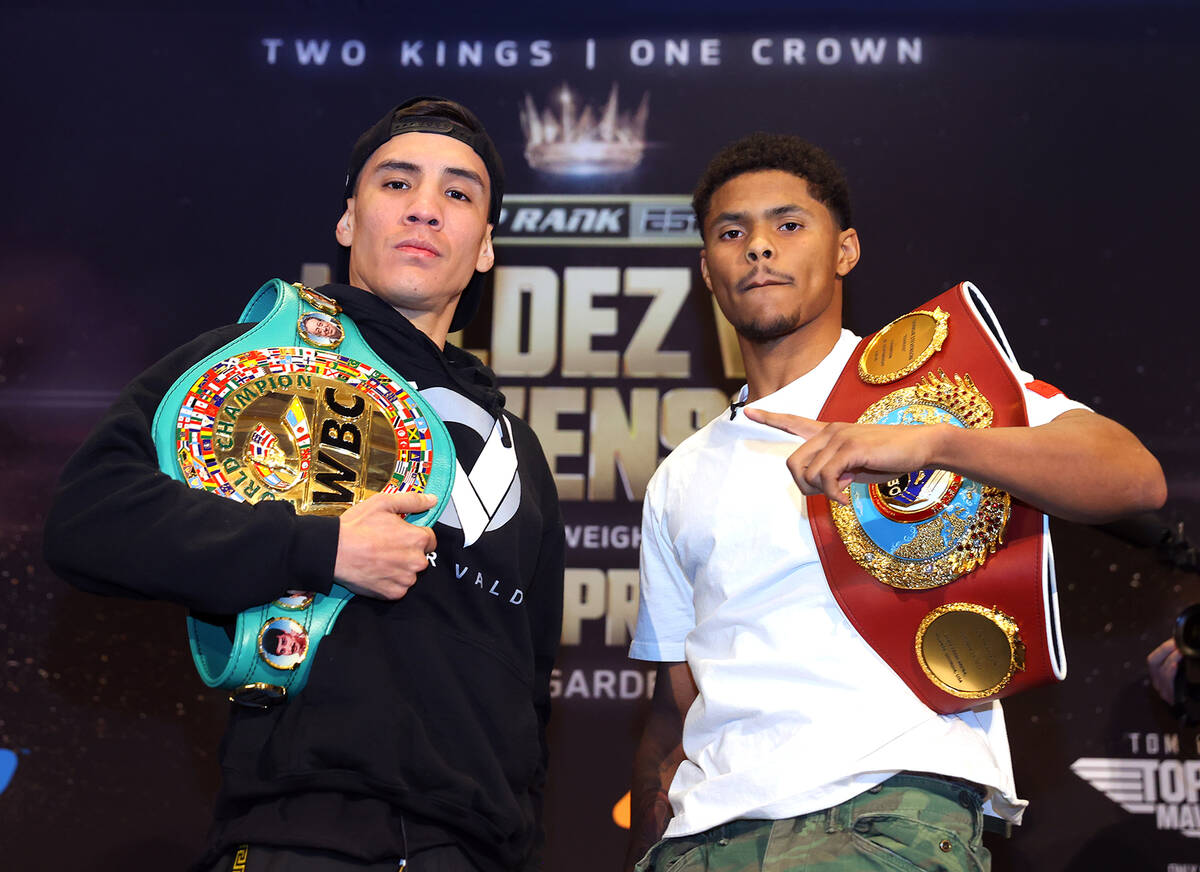 Oscar Valdez (left) and Shakur Stevenson (right) pose during the press conference prior to thei ...