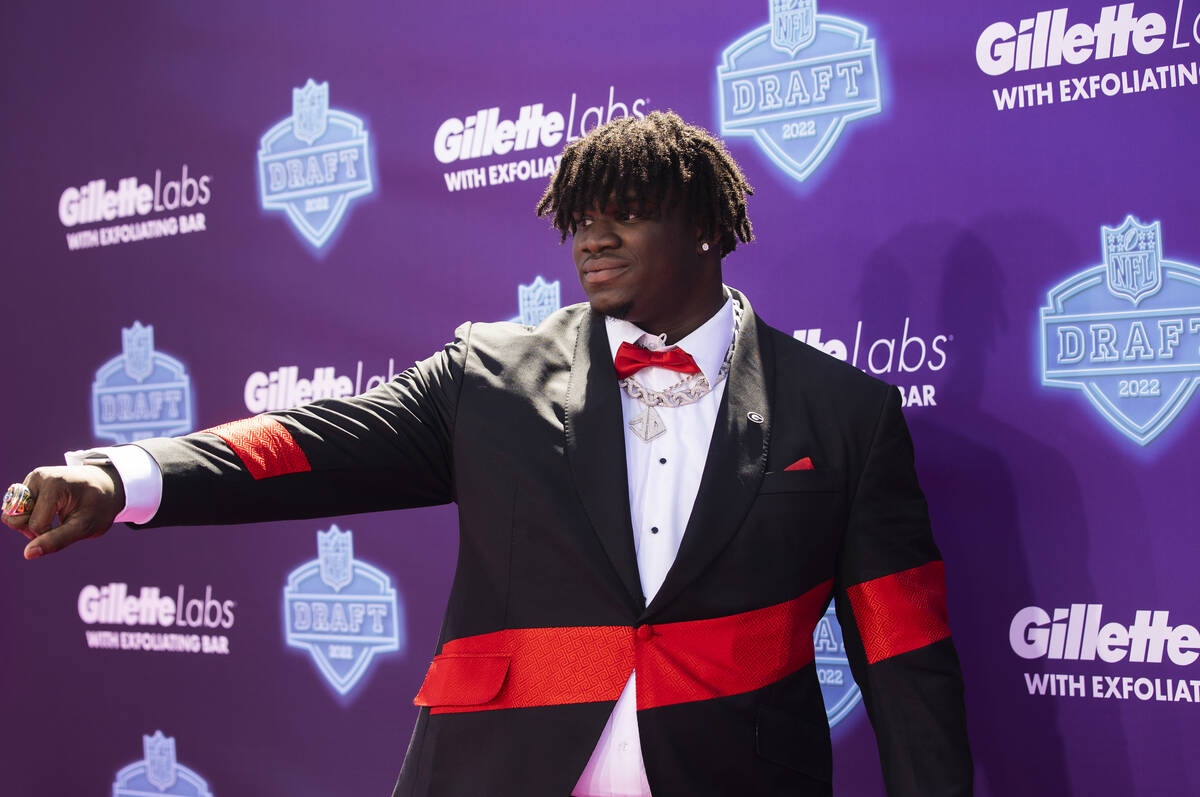 Georgia offensive tackle Jordan Davis at the NFL Red Carpet Stage on Thursday, April 28, 2022, ...