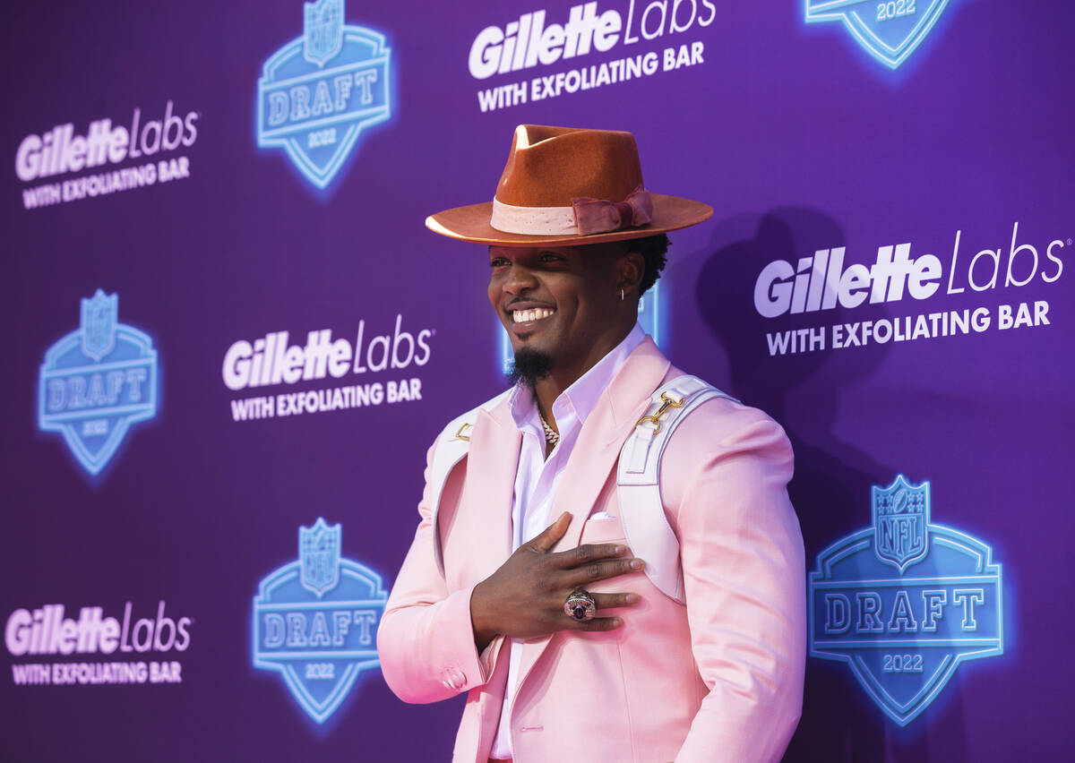 Georgia linebacker Nakobe Dean at the NFL Red Carpet Stage on Thursday, April 28, 2022, at the ...