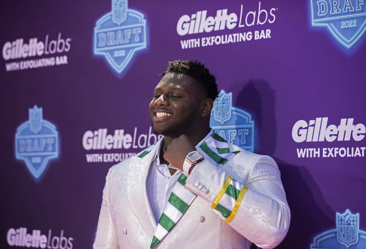 NC State offensive tackle lkem Ekwonu at the NFL Red Carpet Stage on Thursday, April 28, 2022, ...