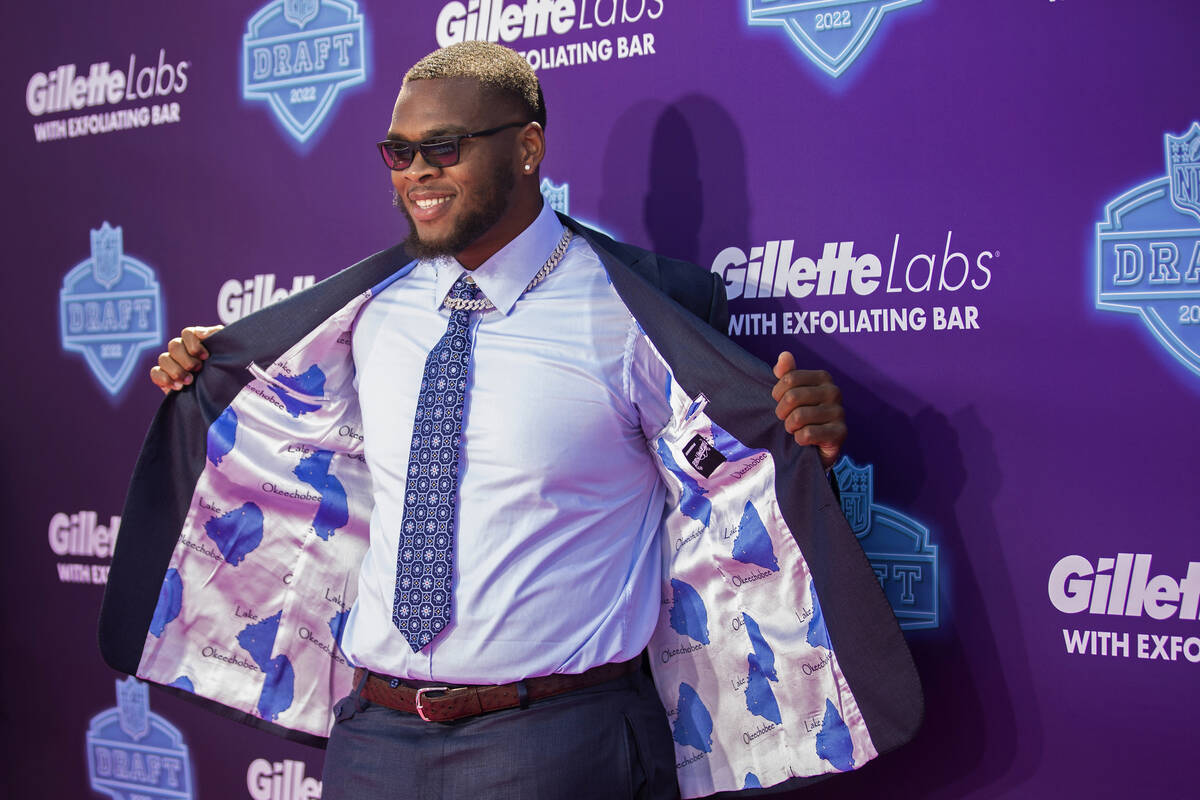 Alabama offensive tackle Evan Neal at the NFL Red Carpet Stage on Thursday, April 28, 2022, at ...