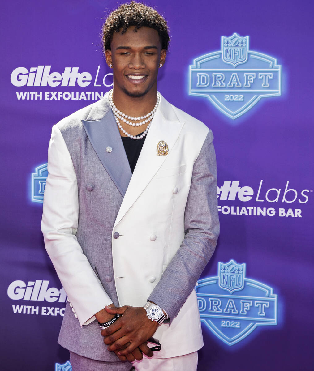 Ohio State wide receiver Garrett Wilson at the NFL Red Carpet Stage on Thursday, April 28, 2022 ...