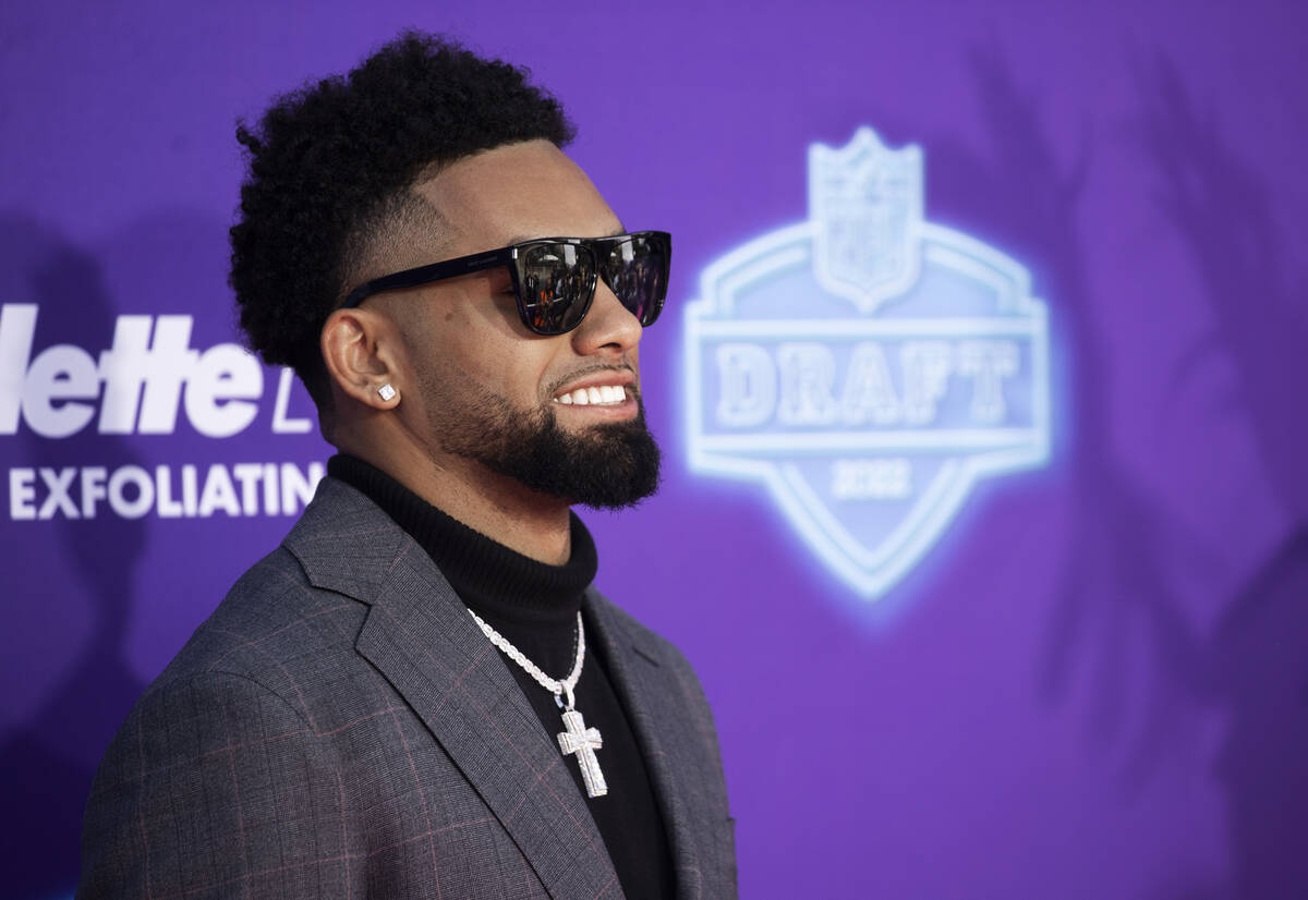 Ohio State wide receiver Chris Olave at the NFL Red Carpet Stage on Thursday, April 28, 2022, a ...