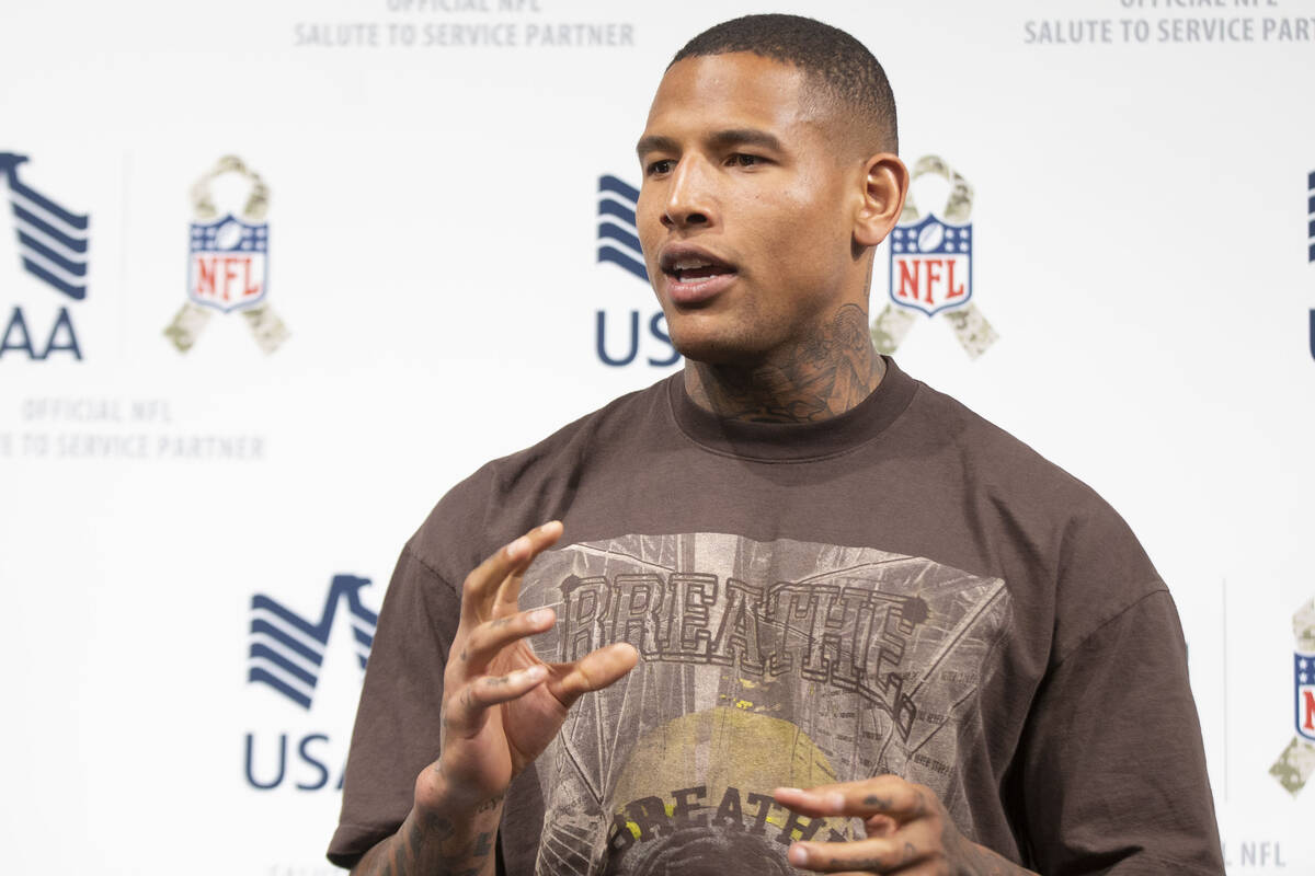Raiders tight end Darren Waller speaks to media during an appearance at the USAA Salute to Serv ...