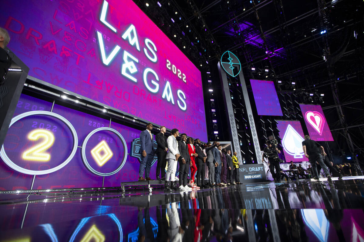 Draft prospects take the stage during the NFL Draft event in Las Vegas, Thursday, April 28, 202 ...