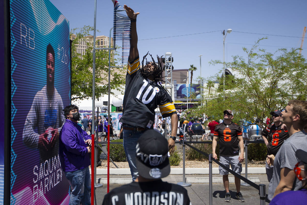 Gerald Blackmon participates in the vertical jump test during the NFL Draft Fan Experience in L ...