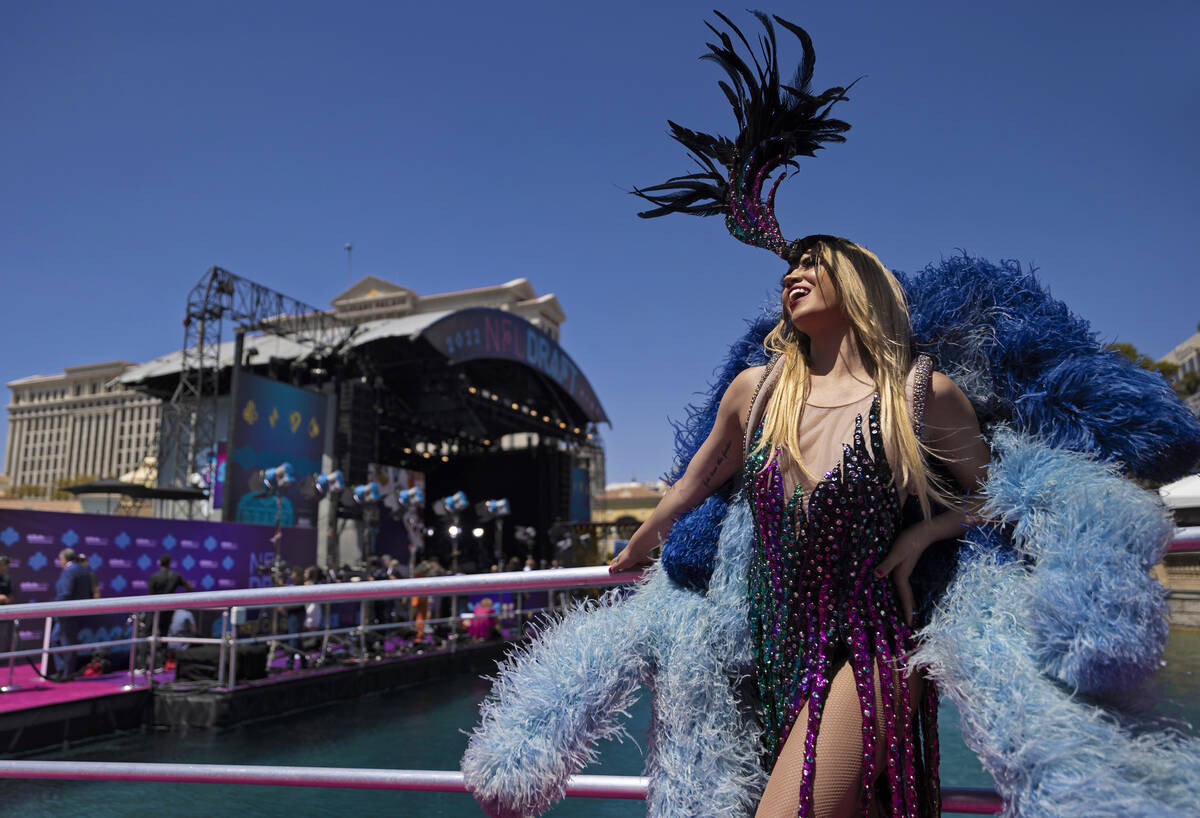 Showgirl Amanda Sampson at the NFL Red Carpet Stage on Thursday, April 28, 2022, at the Bellagi ...