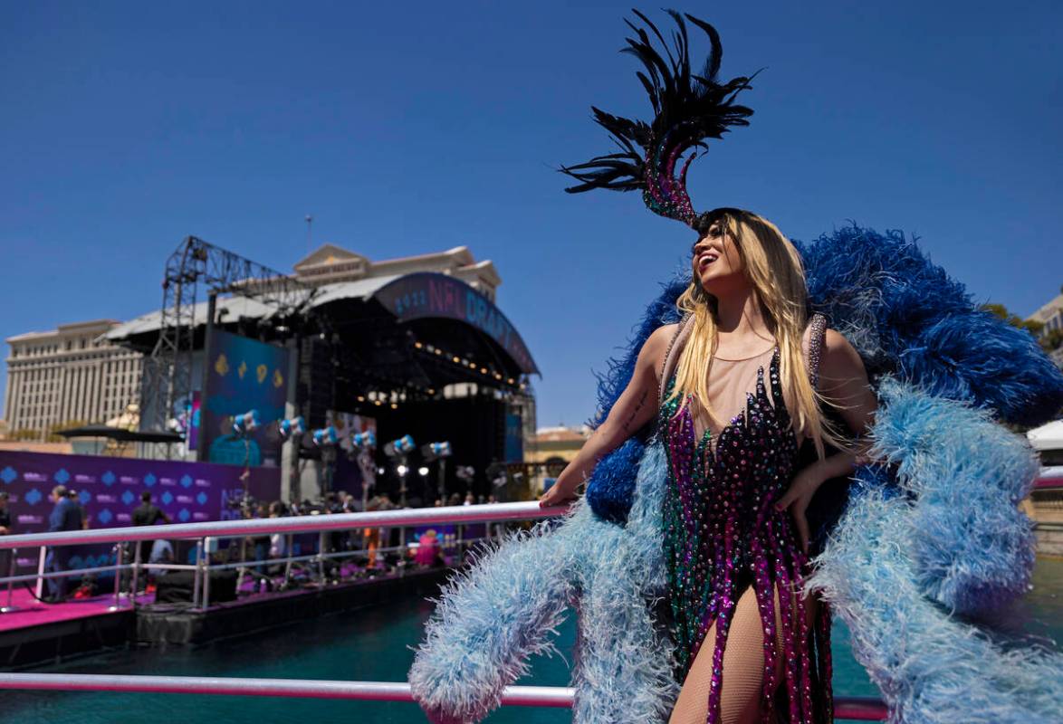 Showgirl Amanda Sampson at the NFL Red Carpet Stage on Thursday, April 28, 2022, at the Bellagi ...