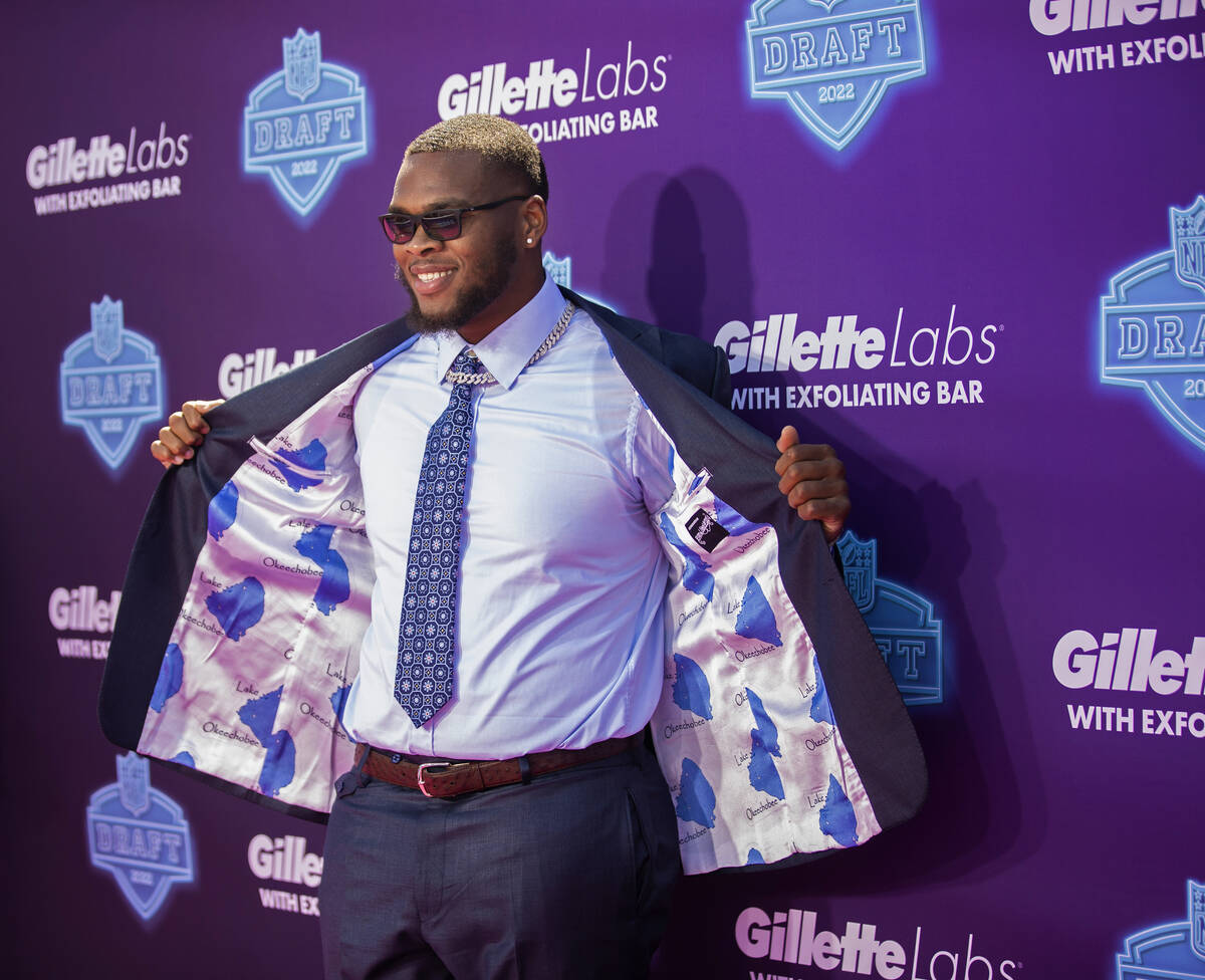Alabama offensive tackle Evan Neal at the NFL Red Carpet Stage on Thursday, April 28, 2022, at ...