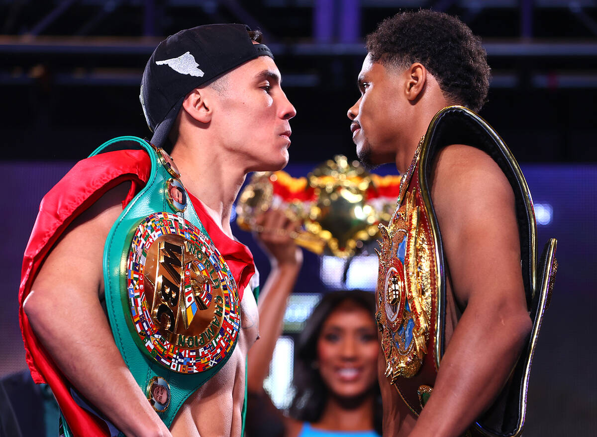 LAS VEGAS, NEVADA - APRIL 29: Oscar Valdez (L) and Shakur Stevenson (R) face-off during the wei ...