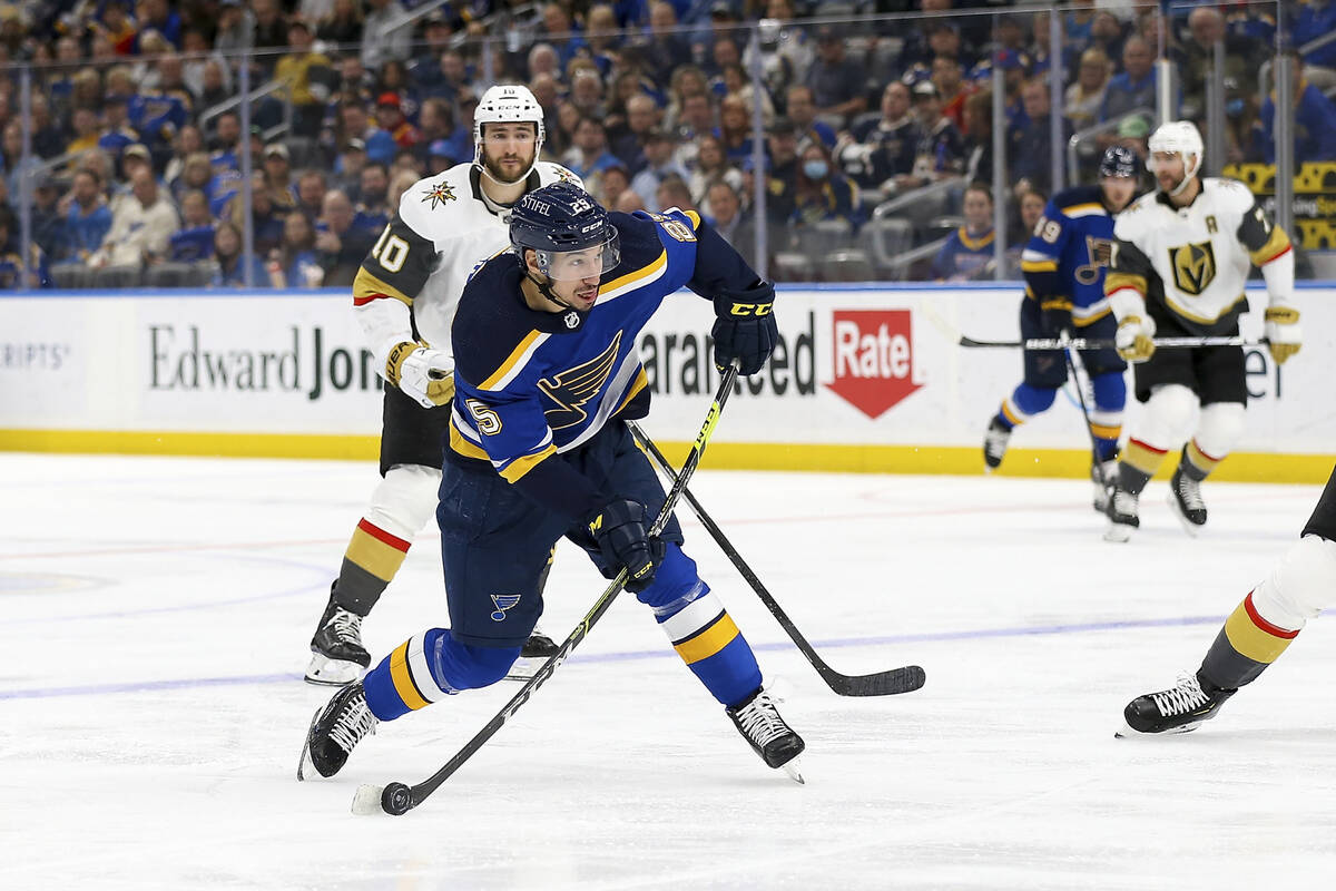 St. Louis Blues' Jordan Kyrou (25) shoots during the second period of the team's NHL hockey gam ...