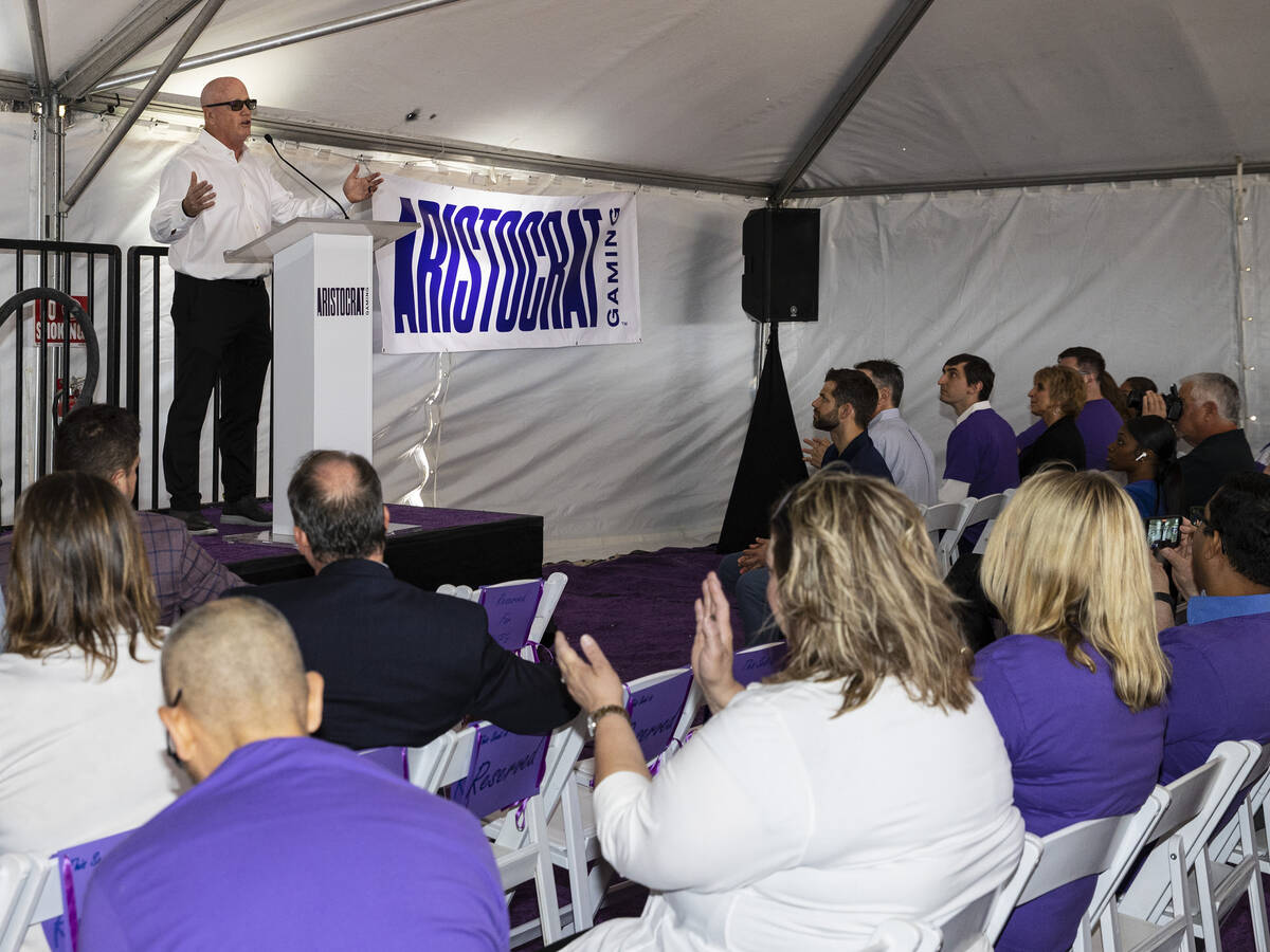 Tom O'Brien, president of Aristocrat for the Americas, speaks during the groundbreaking ceremon ...