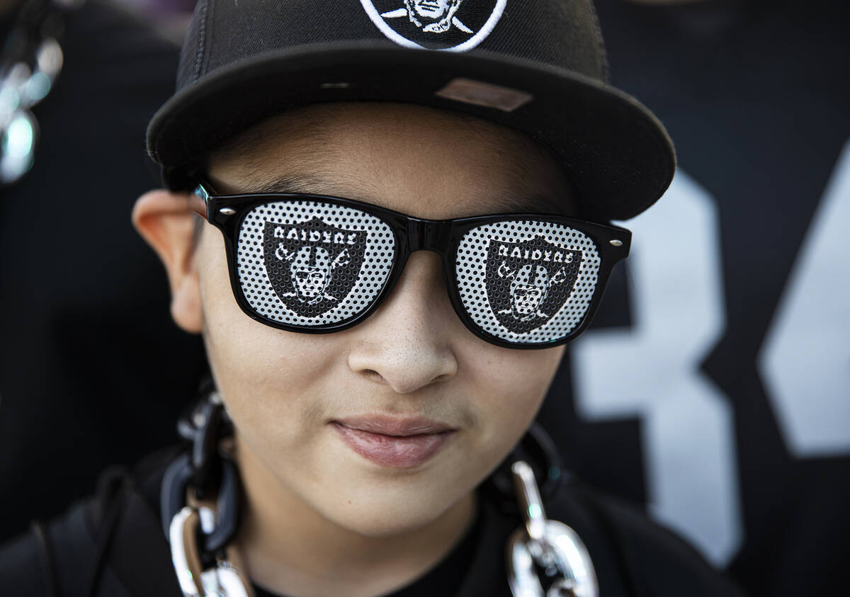 Raider fan Diego Calderon, from Los Angeles, Calif., outside the NFL Draft Stage on day two of ...