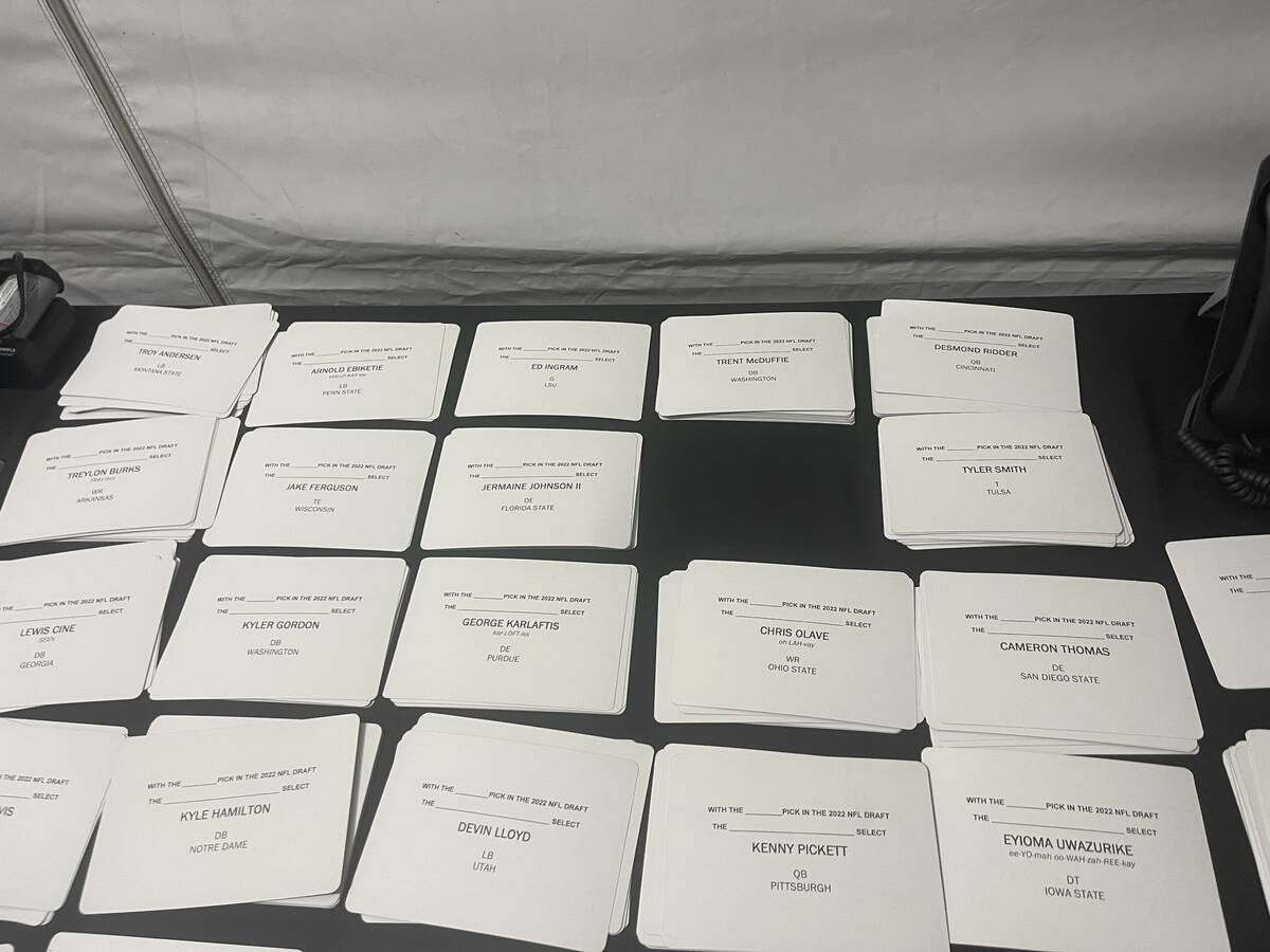 Stacks of potential draft prospect cards are laid out backstage of the NFL draft theater. Once ...