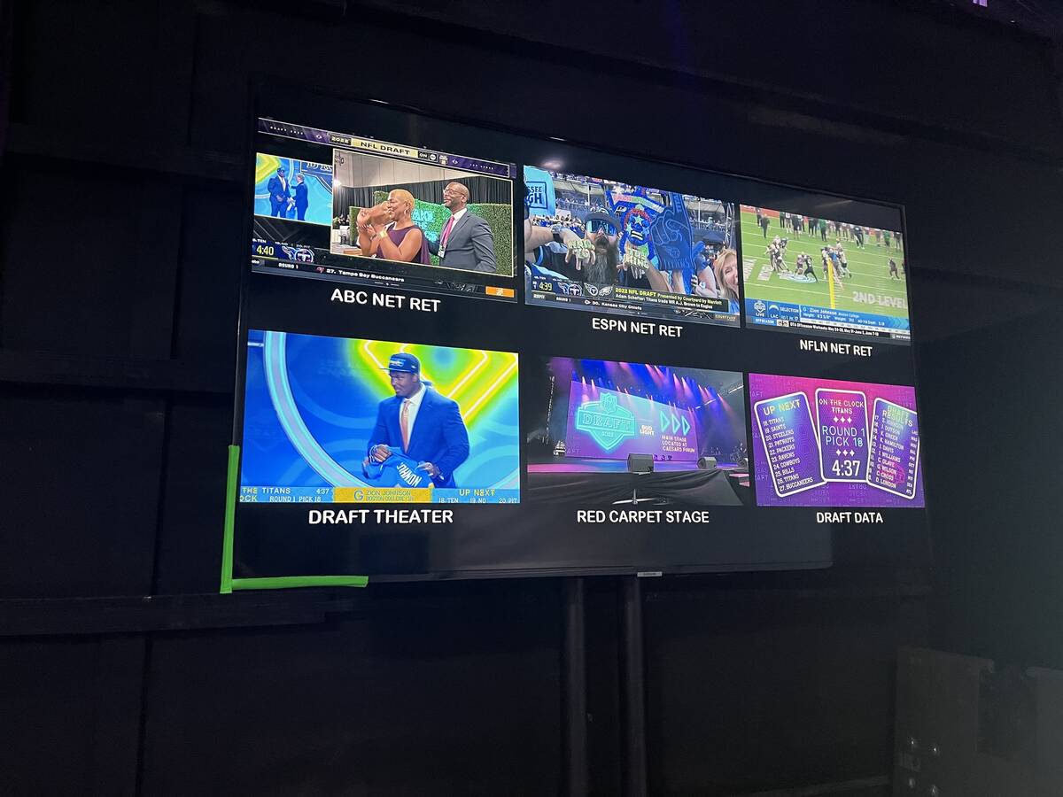 Various screens backstage of the NFL draft theater allows staff to keep an eye on all aspects o ...